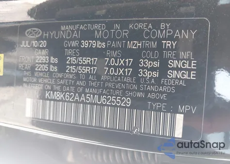 2021 Hyundai Kona Sel Plus z USA, uszkodzony, nr VIN KM8K62AA5MU625529